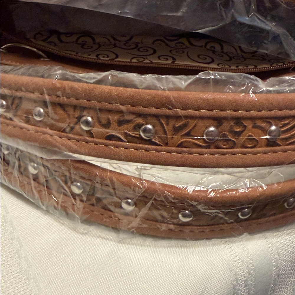 Carved Brown Shoulder Bag with Turquoise Buckle Accent - Picture 5 of 5
